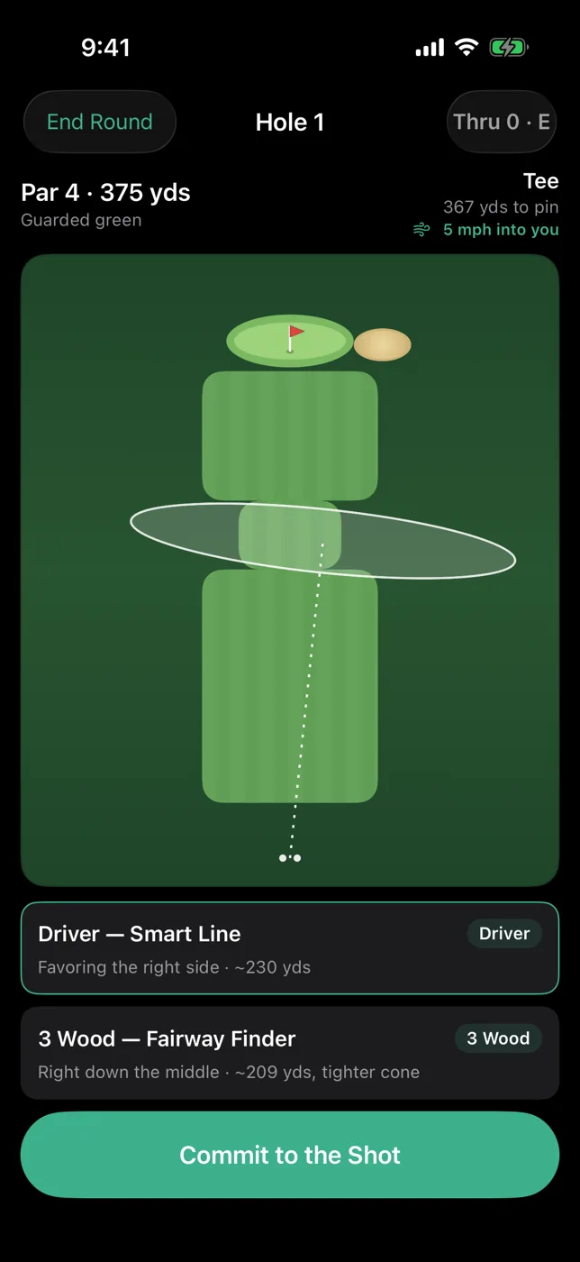 Course IQ showing hole 1 with the dispersion cone drawn over the fairway and two strategy options — no odds shown before you commit.