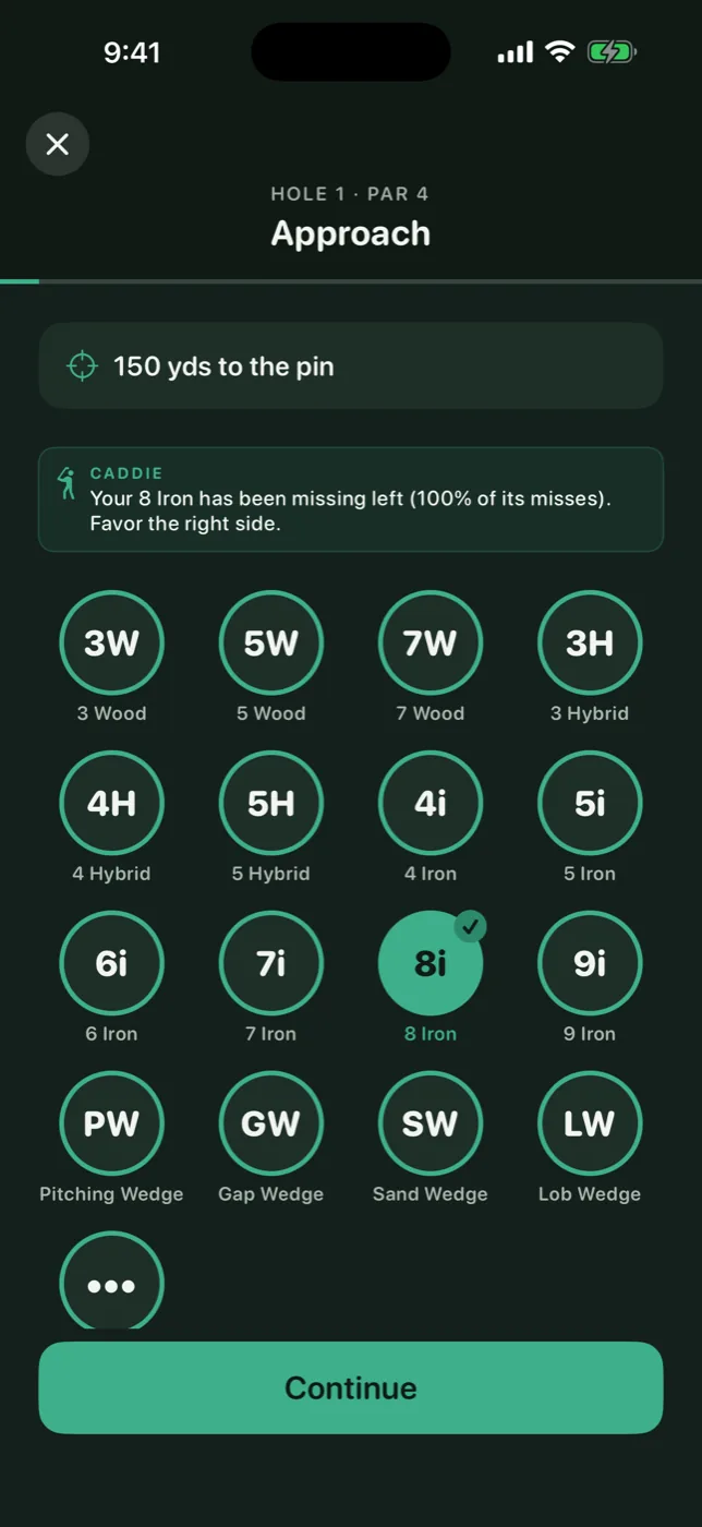 Data Action Golf's in-round caddie pass screen.