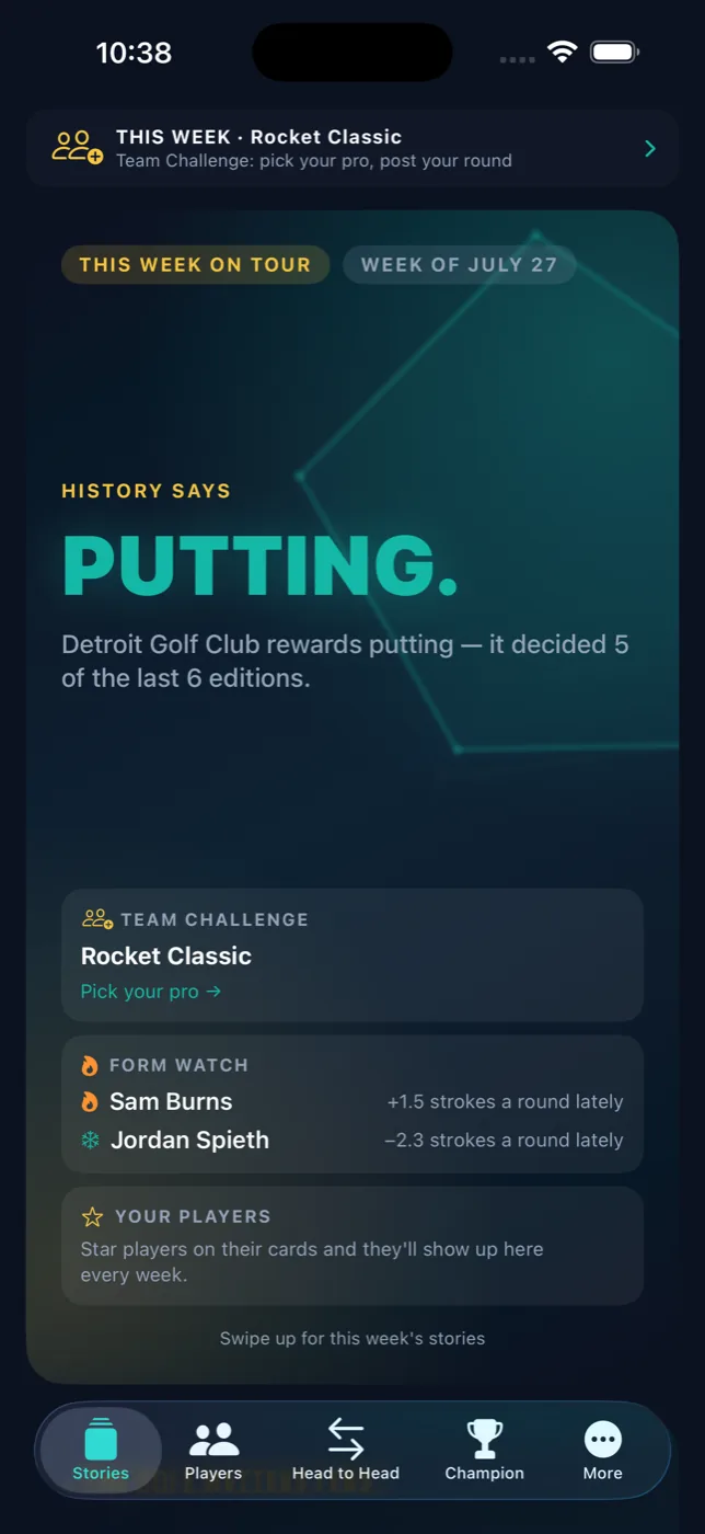 Golf Matters' Stories front page, turning the week's tour data into plain-English headlines.