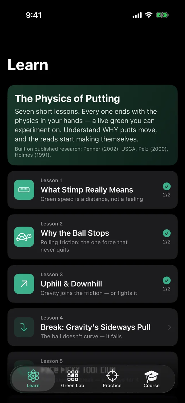 Putting IQ's Learn tab listing The Physics of Putting lessons, built on published research.