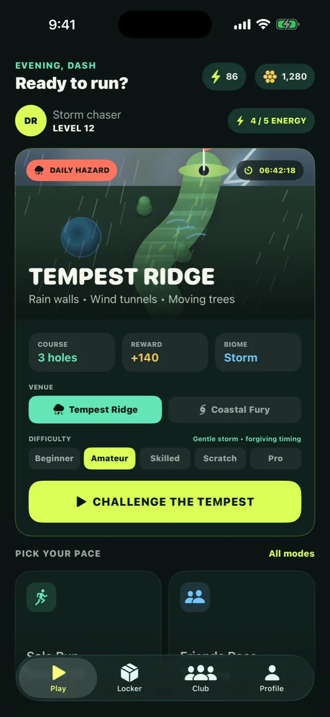 Tempest Golf's home screen showing the Daily Hazard at Tempest Ridge, the reward, venue picker and difficulty tiers.